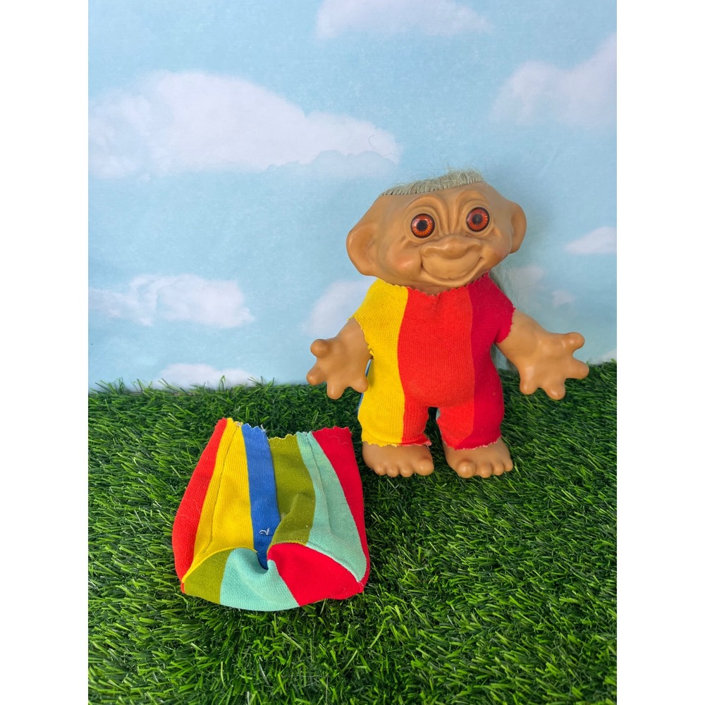 Vintage Dam Troll Doll 6 Inch Grey Hair Amber Eyes with Extra Outfit